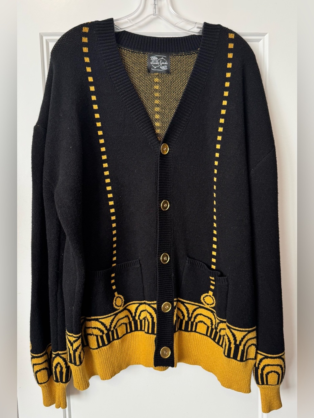Steady Hands Black & Mustard Art Deco Knit Cardigan Oversized XL/XXL UNISEX